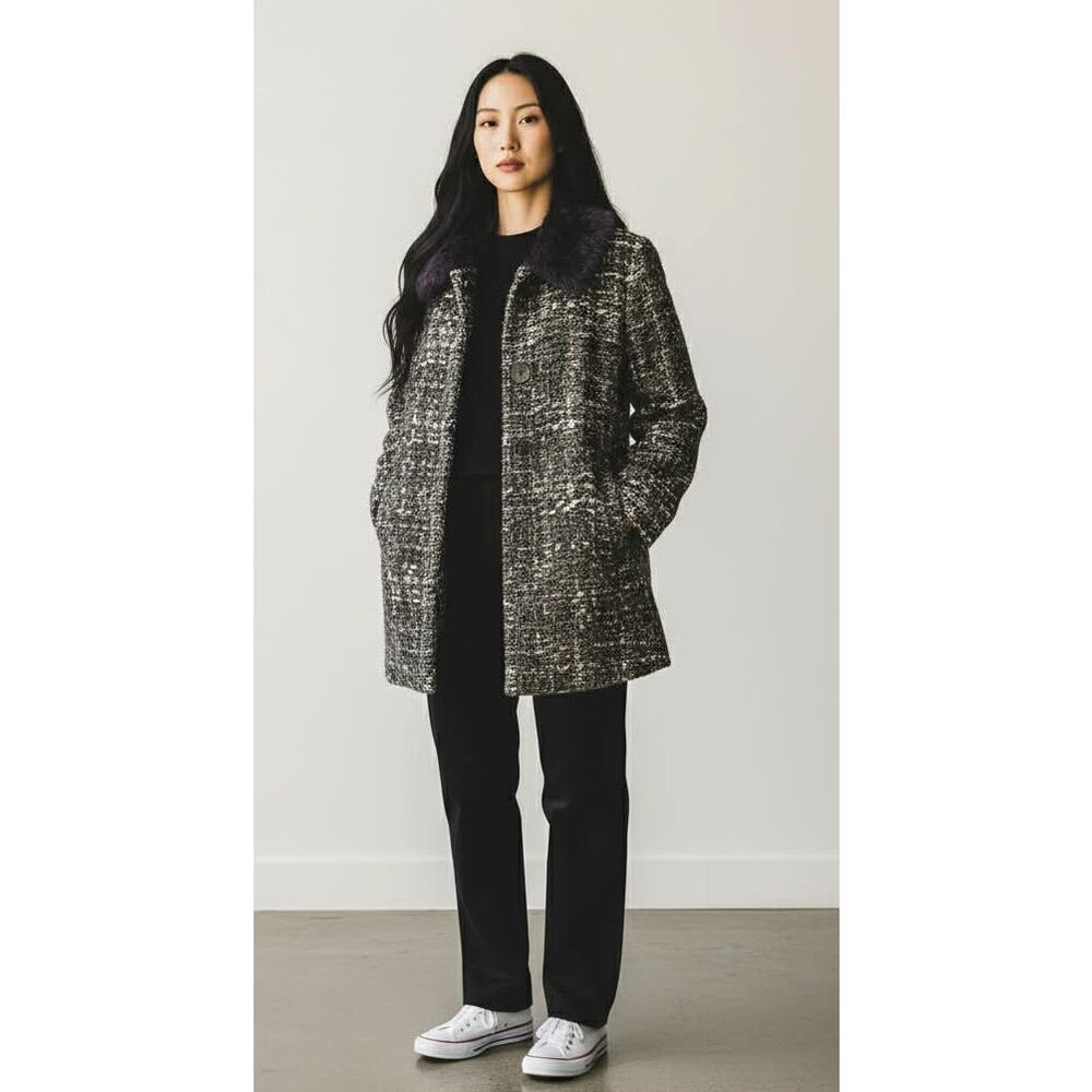 Maria Sole Italy Wool Blend Tweed Coat Black Gray White Single-Breasted Size L